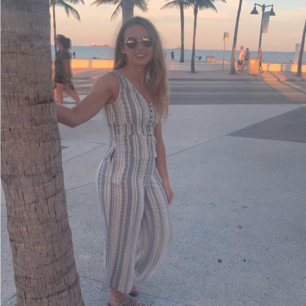 Joie White and Blue Striped Sleeveless V-Neck Jumpsuit